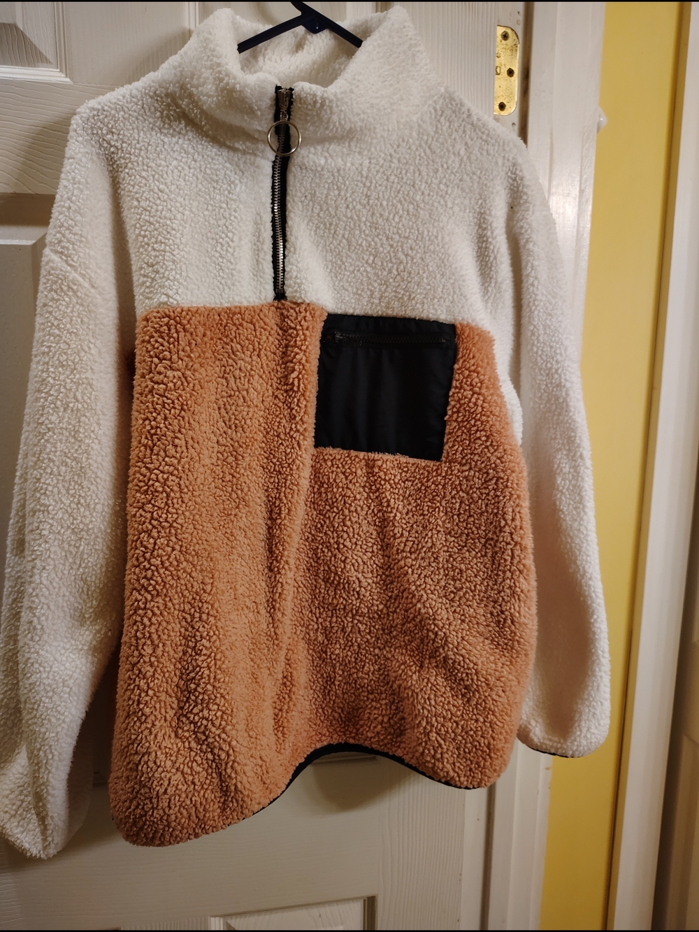 White and Tan Sherpa Half-Zip Ski Jacket